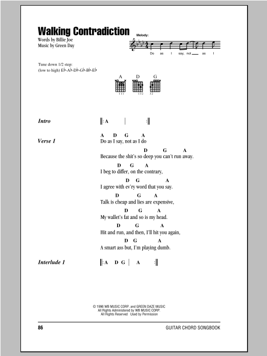 Preview Green Day Walking Contradiction Pop sheet music, notes and chords for Lyrics & Chords, SKU: 94096 Walking Contradiction sheet music