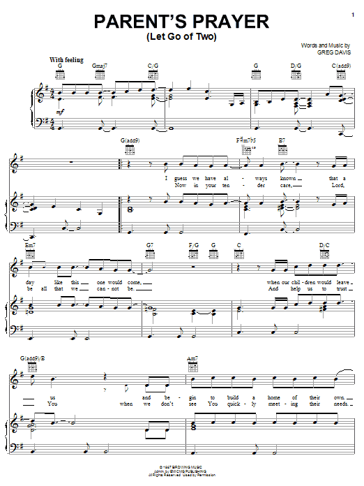 Greg Davis Parent's Prayer (Let Go Of Two) Sheet Music Notes & Chords for Piano, Vocal & Guitar (Right-Hand Melody) - Download or Print PDF