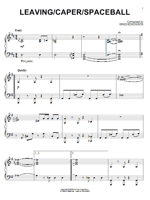 Greg Edmonson Leaving/Caper/Spaceball Sheet Music Notes & Chords for Piano - Download or Print PDF