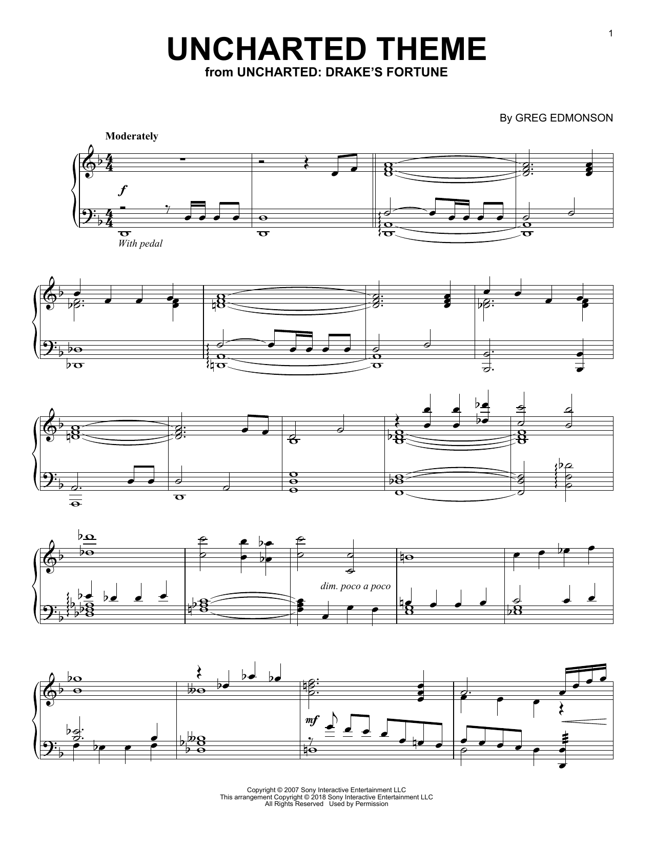 Greg Edmonson Uncharted Theme Sheet Music Notes & Chords for Piano Solo - Download or Print PDF