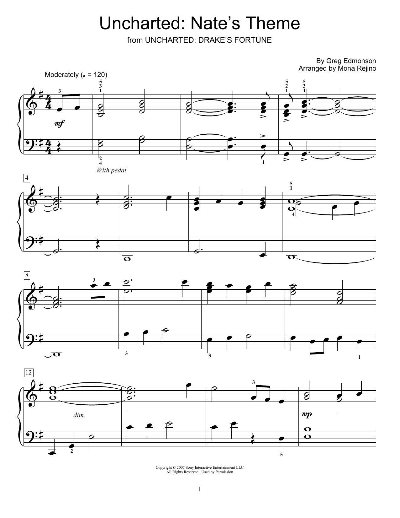 Greg Edmonson Uncharted: Nate's Theme (from Uncharted: Drake's Fortune) (arr. Mona Rejino) Sheet Music Notes & Chords for Educational Piano - Download or Print PDF
