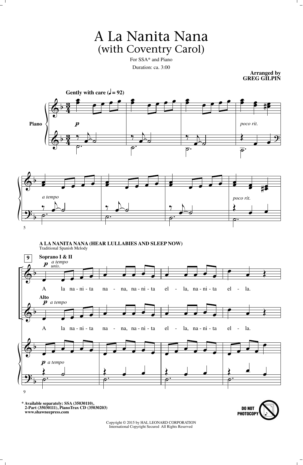 Greg Gilpin A La Nanita Nana (Hear Lullabies And Sleep Now) Sheet Music Notes & Chords for SSA - Download or Print PDF