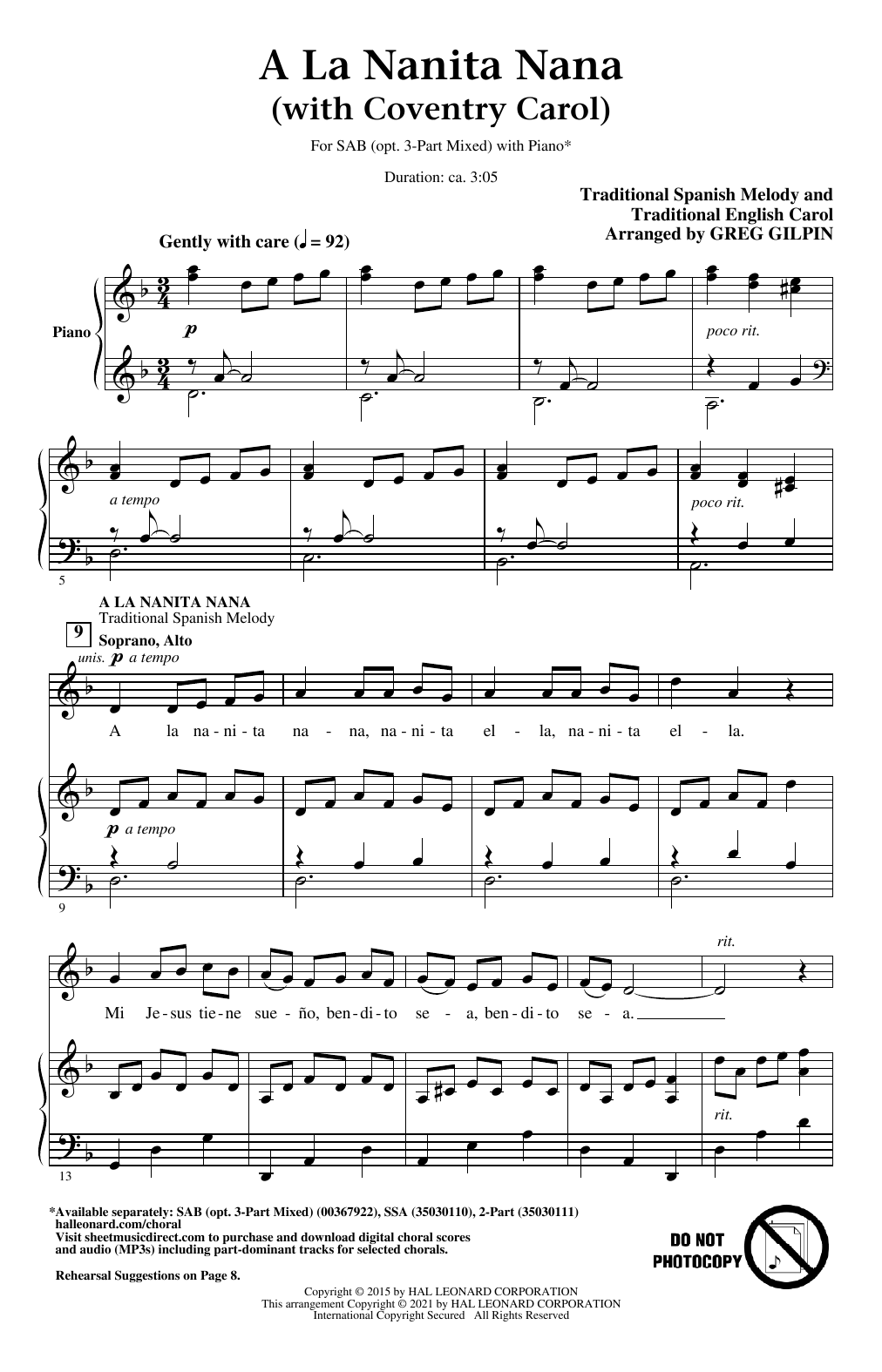 Greg Gilpin A La Nanita Nana (with Coventry Carol) Sheet Music Notes & Chords for SAB Choir - Download or Print PDF