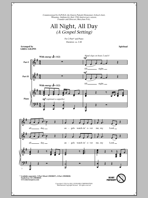 Greg Gilpin All Night, All Day Sheet Music Notes & Chords for 3-Part Mixed - Download or Print PDF