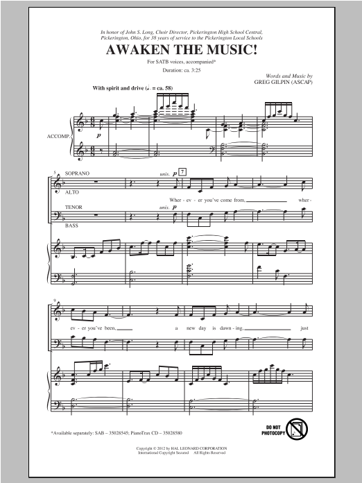 Greg Gilpin Awaken The Music Sheet Music Notes & Chords for SAB - Download or Print PDF