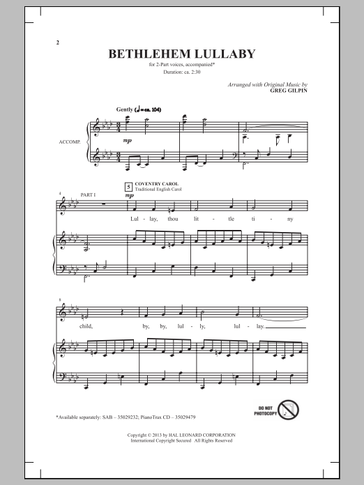 Greg Gilpin Bethlehem Lullaby Sheet Music Notes & Chords for 2-Part Choir - Download or Print PDF