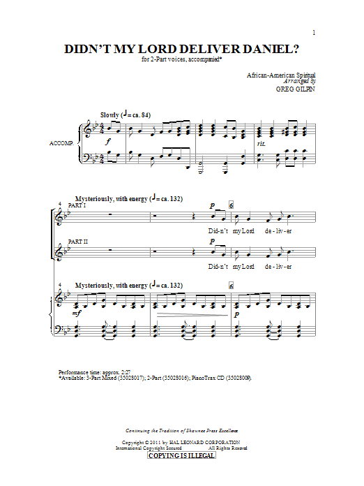 Greg Gilpin Didn't My Lord Deliver Daniel? Sheet Music Notes & Chords for 2-Part Choir - Download or Print PDF