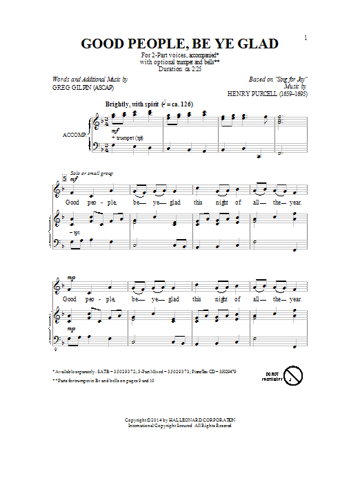 Greg Gilpin Good People, Be Ye Glad Sheet Music Notes & Chords for 2-Part Choir - Download or Print PDF