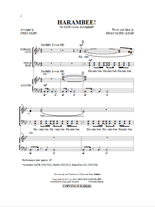 Greg Gilpin Harambee! Sheet Music Notes & Chords for SSAB - Download or Print PDF