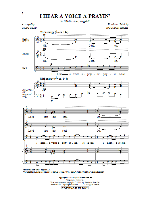 Houston Bright I Hear A Voice A-Prayin' (arr. Greg Gilpin) Sheet Music Notes & Chords for SATB - Download or Print PDF