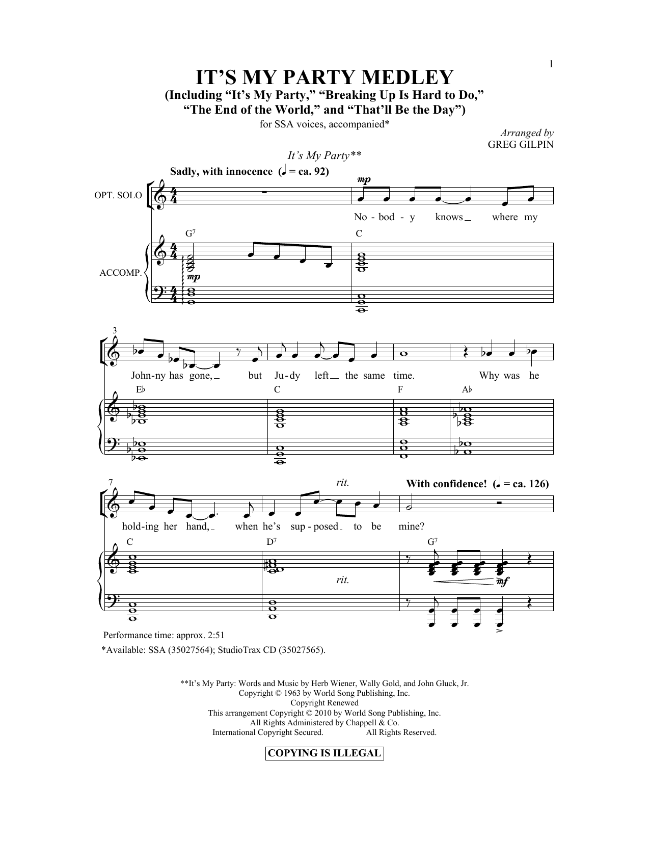 Greg Gilpin It's My Party Medley Sheet Music Notes & Chords for SSA - Download or Print PDF