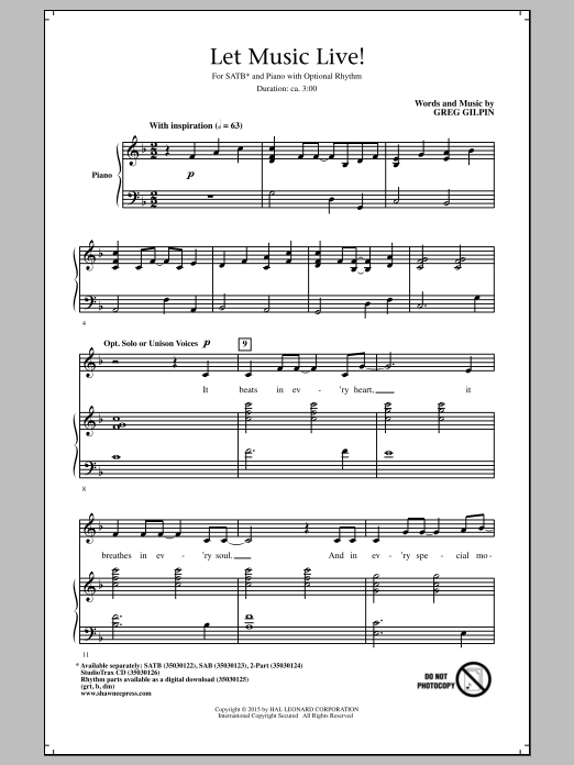 Greg Gilpin Let Music Live Sheet Music Notes & Chords for 2-Part Choir - Download or Print PDF