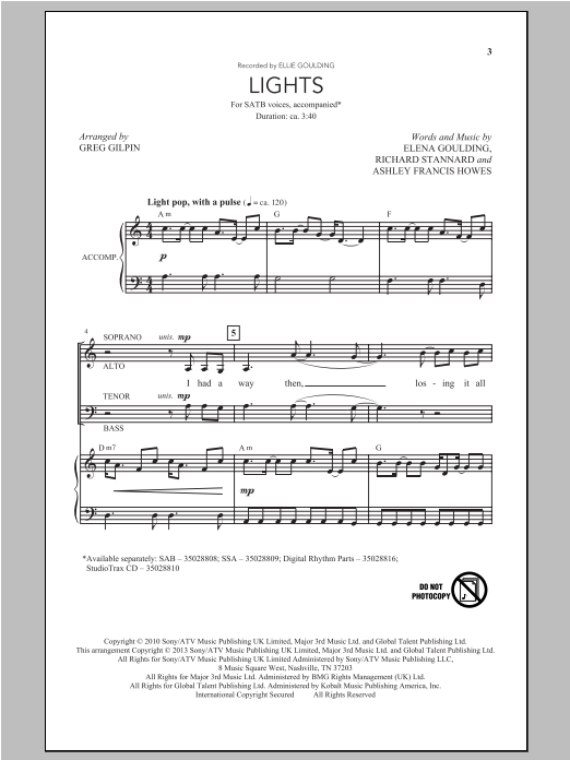 Ellie Goulding Lights (arr. Greg Gilpin) Sheet Music Notes & Chords for SATB - Download or Print PDF