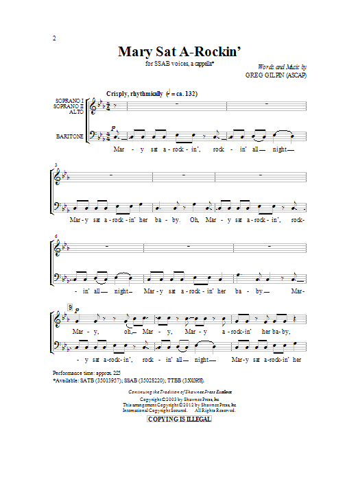 Greg Gilpin Mary Sat A-Rockin' Sheet Music Notes & Chords for SSAB - Download or Print PDF
