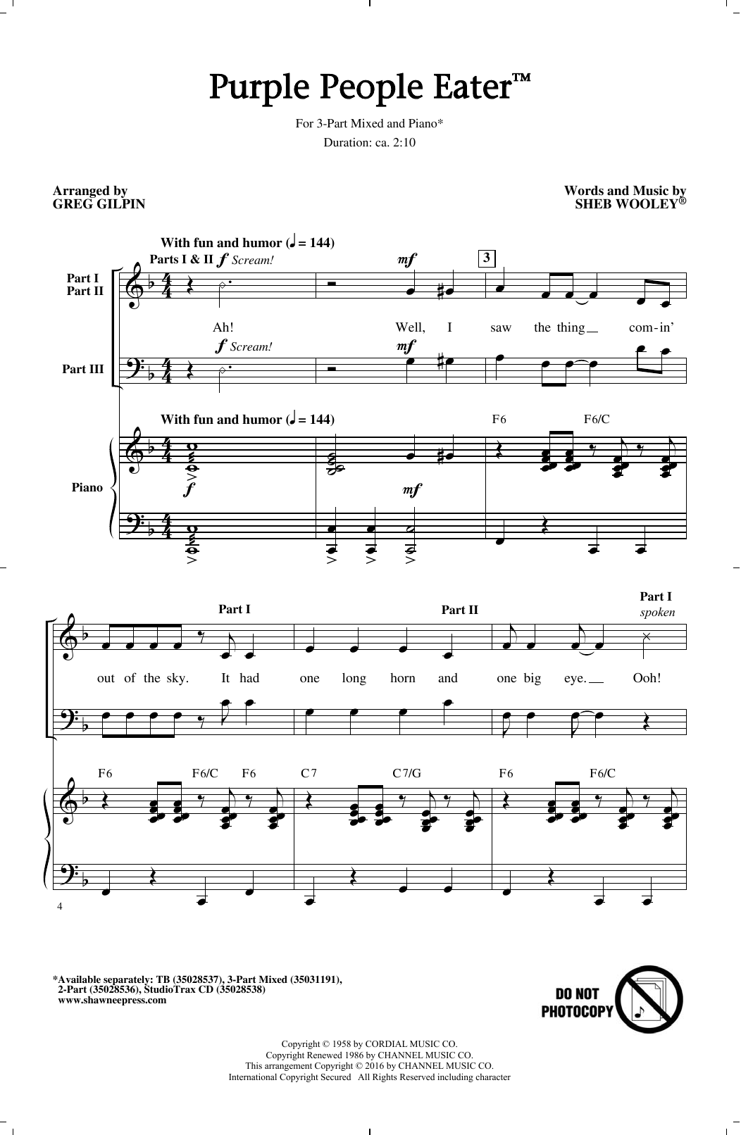 Greg Gilpin Purple People Eater Sheet Music Notes & Chords for 3-Part Mixed - Download or Print PDF
