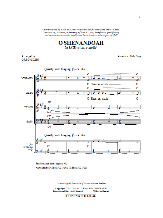 Greg Gilpin Shenandoah Sheet Music Notes & Chords for SATB - Download or Print PDF