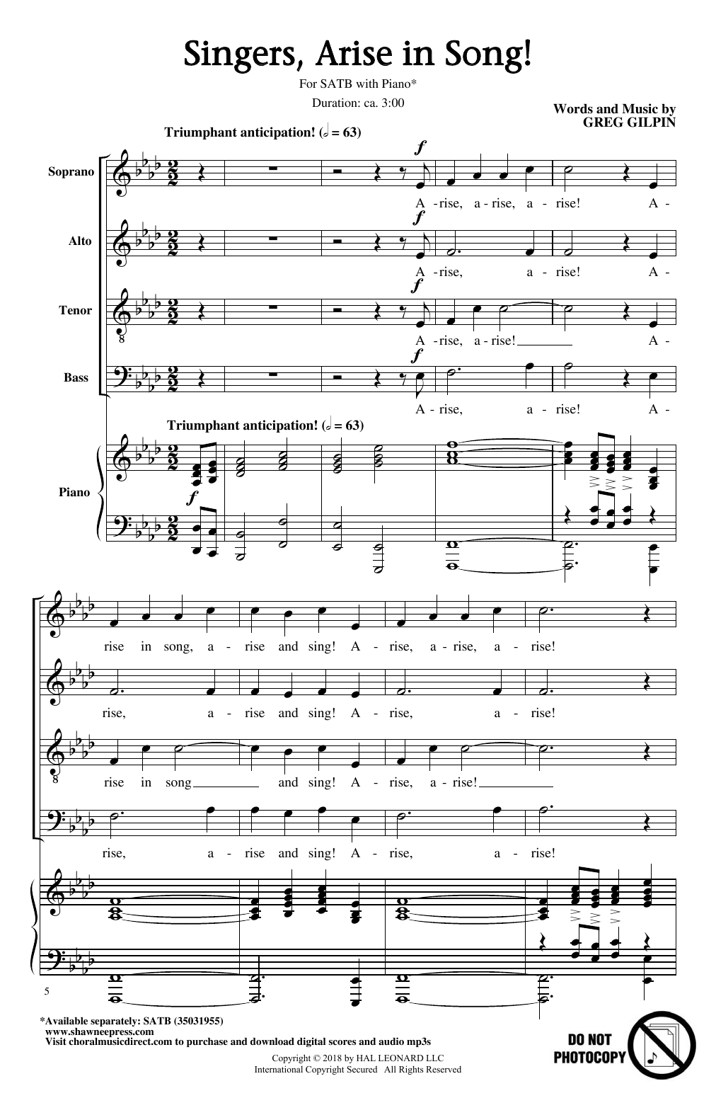 Greg Gilpin Singers, Arise In Song! Sheet Music Notes & Chords for SATB - Download or Print PDF