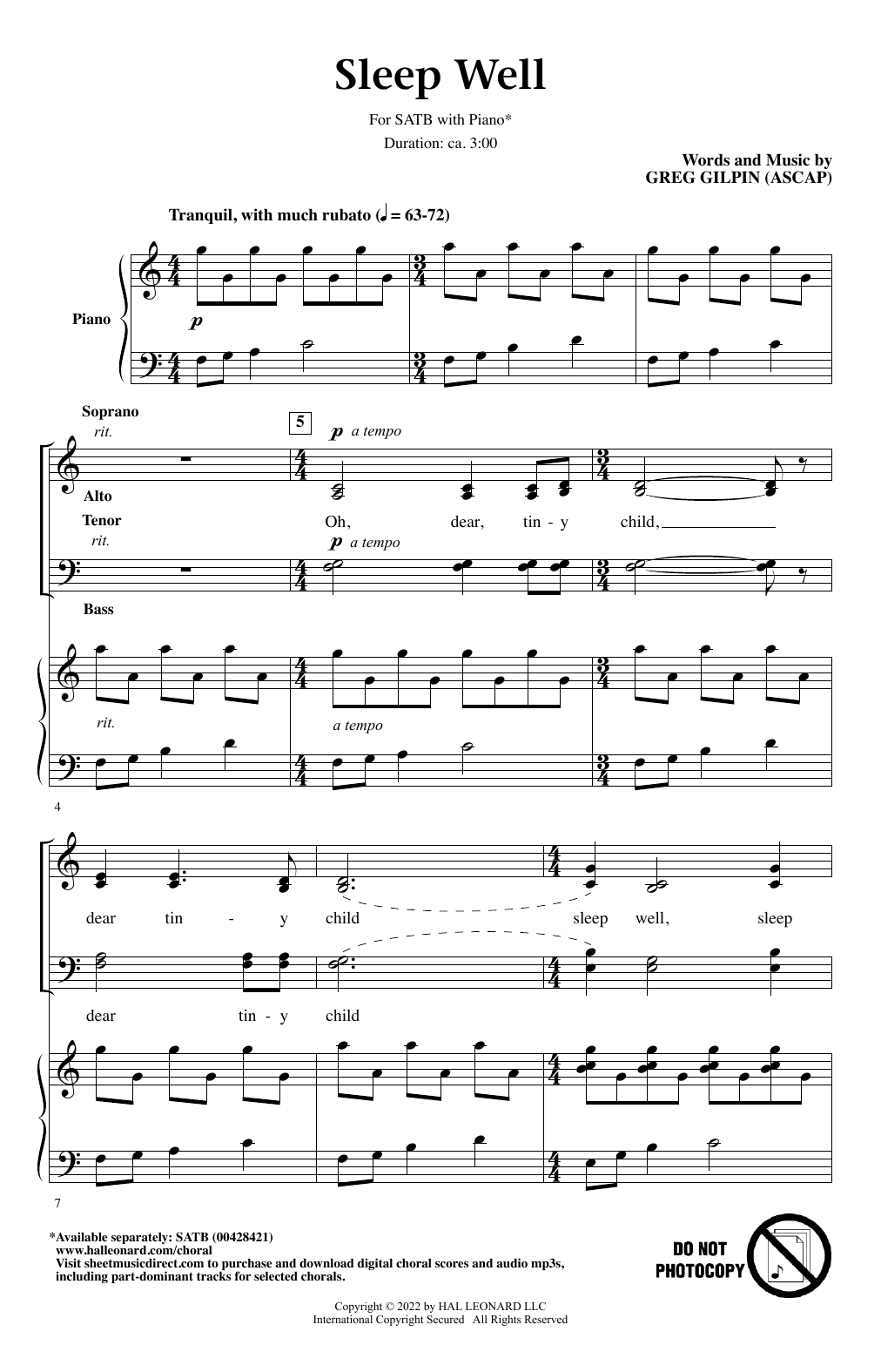 Greg Gilpin Sleep Well Sheet Music Notes & Chords for SATB Choir - Download or Print PDF