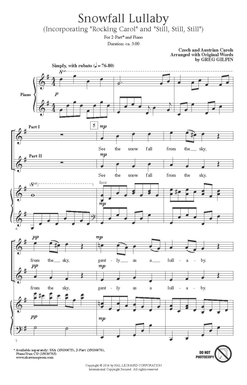 Greg Gilpin Snowfall Lullaby Sheet Music Notes & Chords for SSA - Download or Print PDF