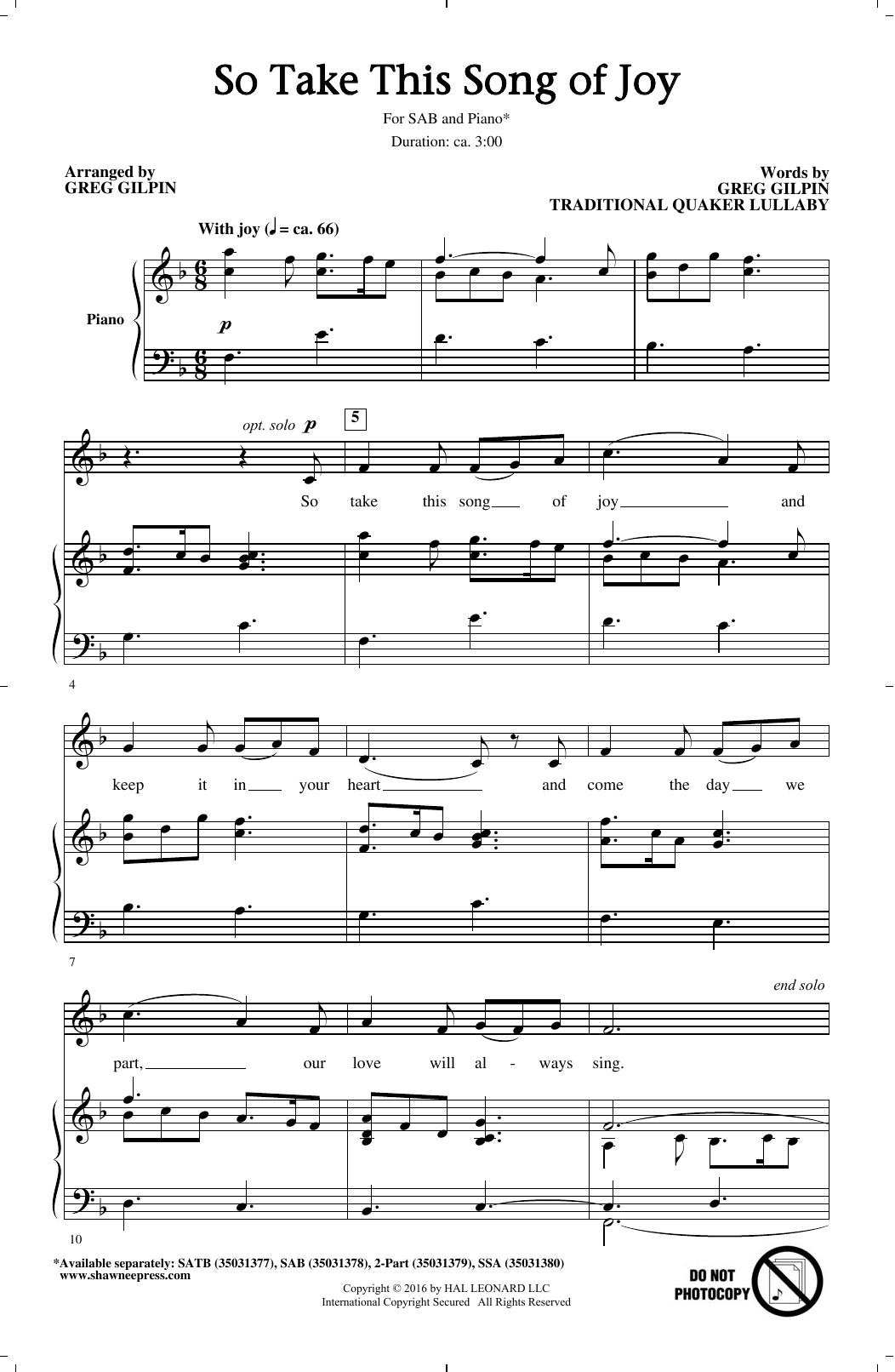 Greg Gilpin So Take This Song Of Joy Sheet Music Notes & Chords for SSA - Download or Print PDF