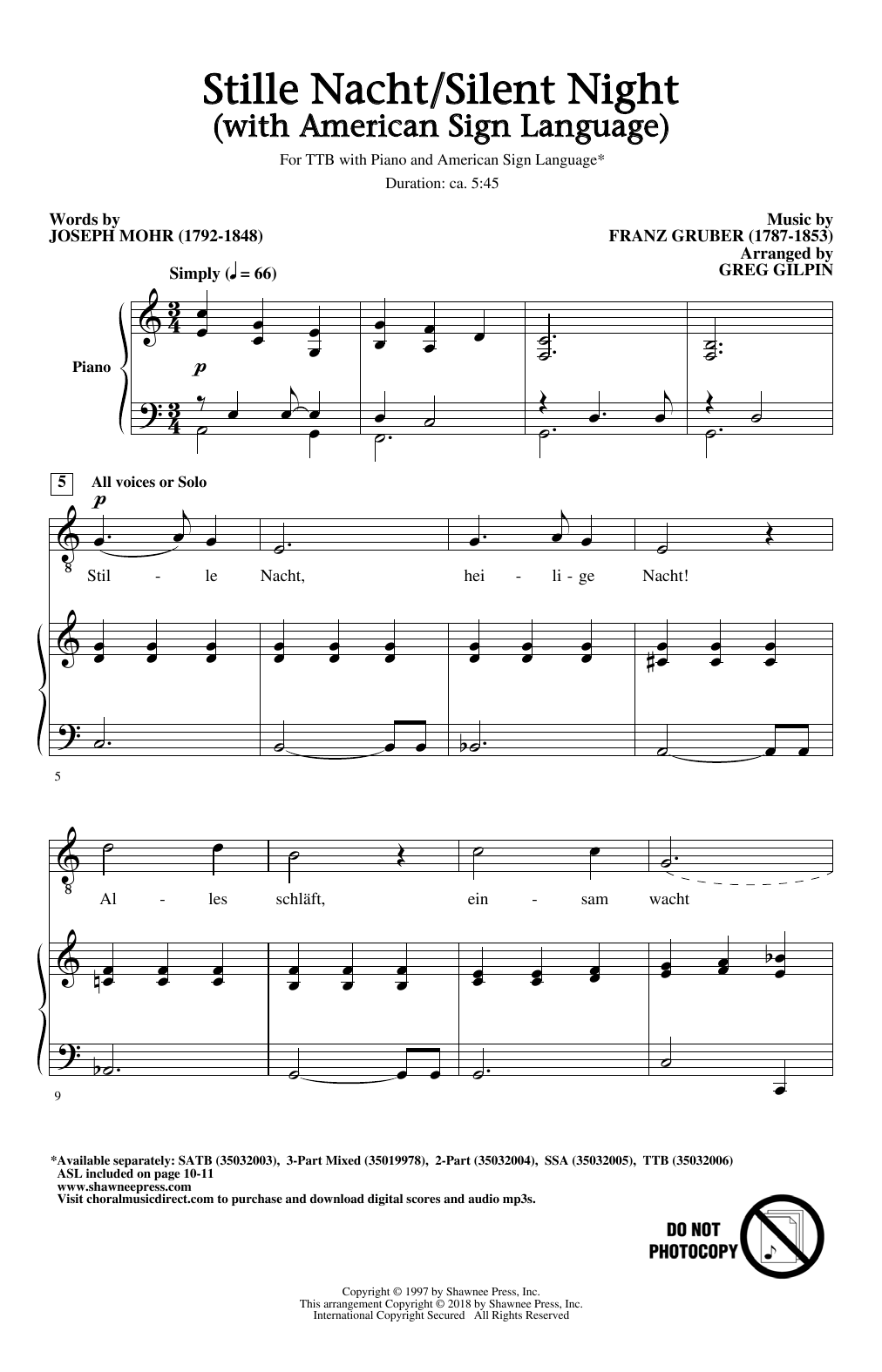 Greg Gilpin Stille Nacht/Silent Night (With American Sign Language) Sheet Music Notes & Chords for TTBB - Download or Print PDF
