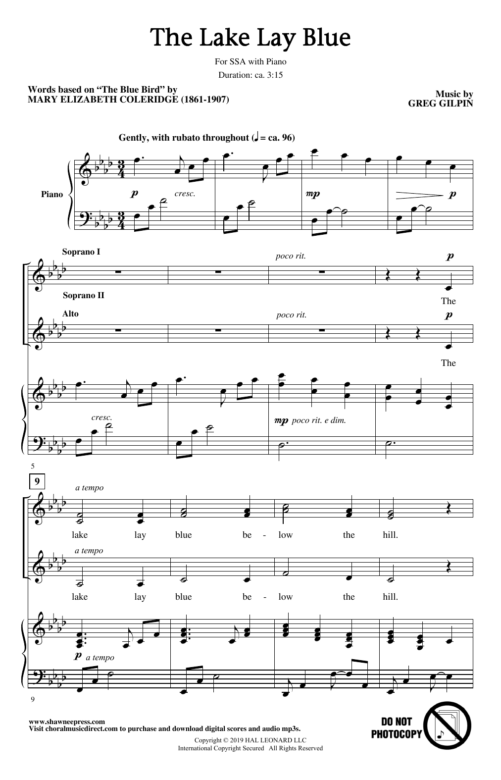 Greg Gilpin The Lake Lay Blue Sheet Music Notes & Chords for SSA Choir - Download or Print PDF