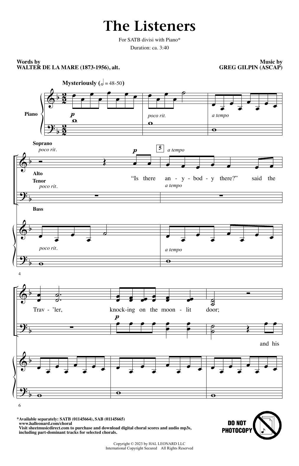 Greg Gilpin The Listeners Sheet Music Notes & Chords for Choir - Download or Print PDF