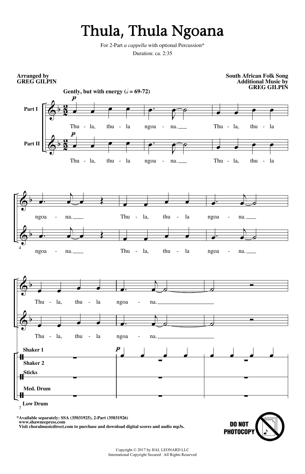 Greg Gilpin Thula Thula Ngoana Sheet Music Notes & Chords for 2-Part Choir - Download or Print PDF
