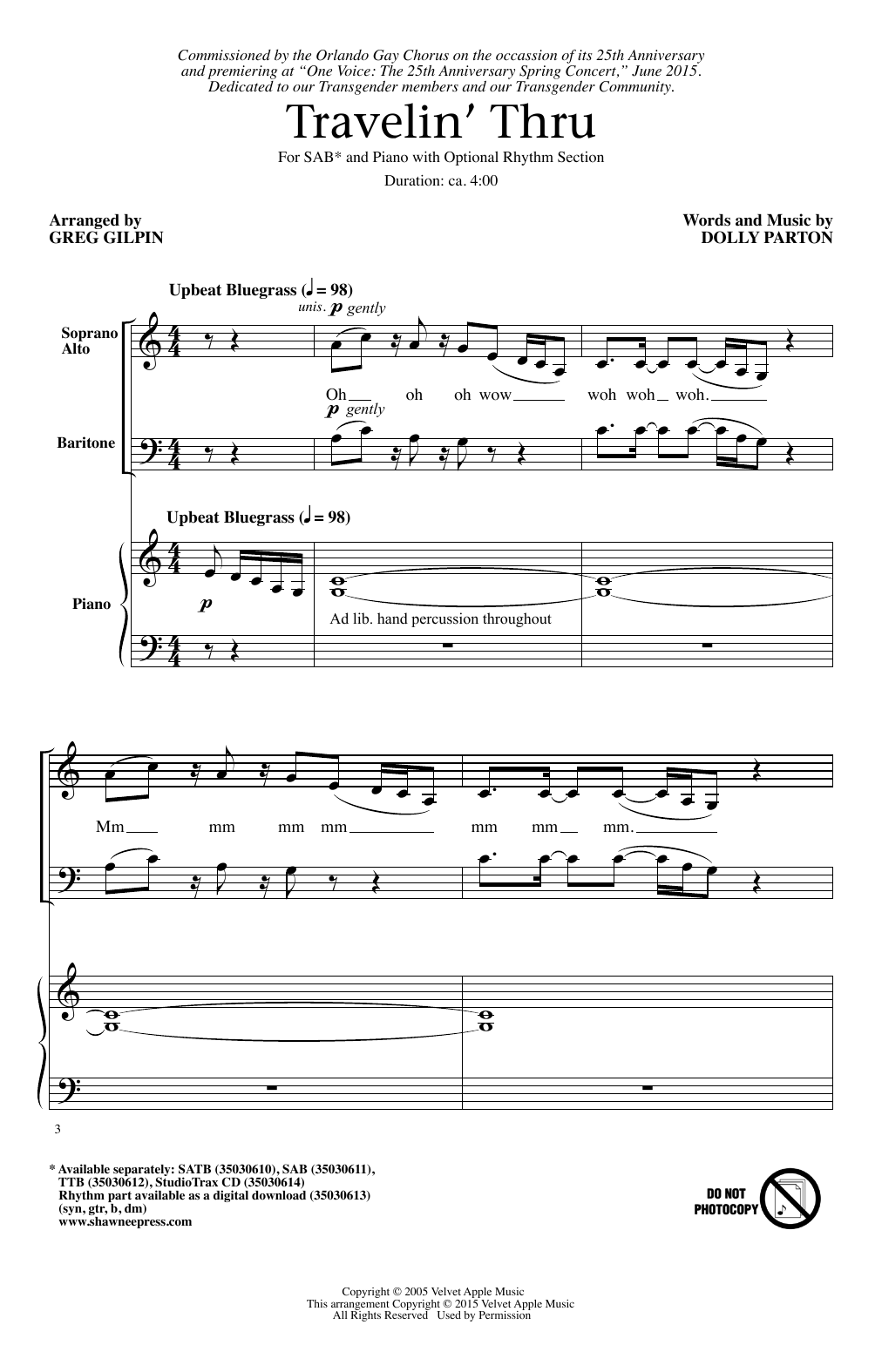 Greg Gilpin Travelin' Thru Sheet Music Notes & Chords for SAB - Download or Print PDF