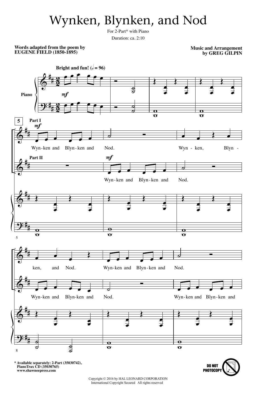 Greg Gilpin Wynken, Blynken, And Nod Sheet Music Notes & Chords for 2-Part Choir - Download or Print PDF