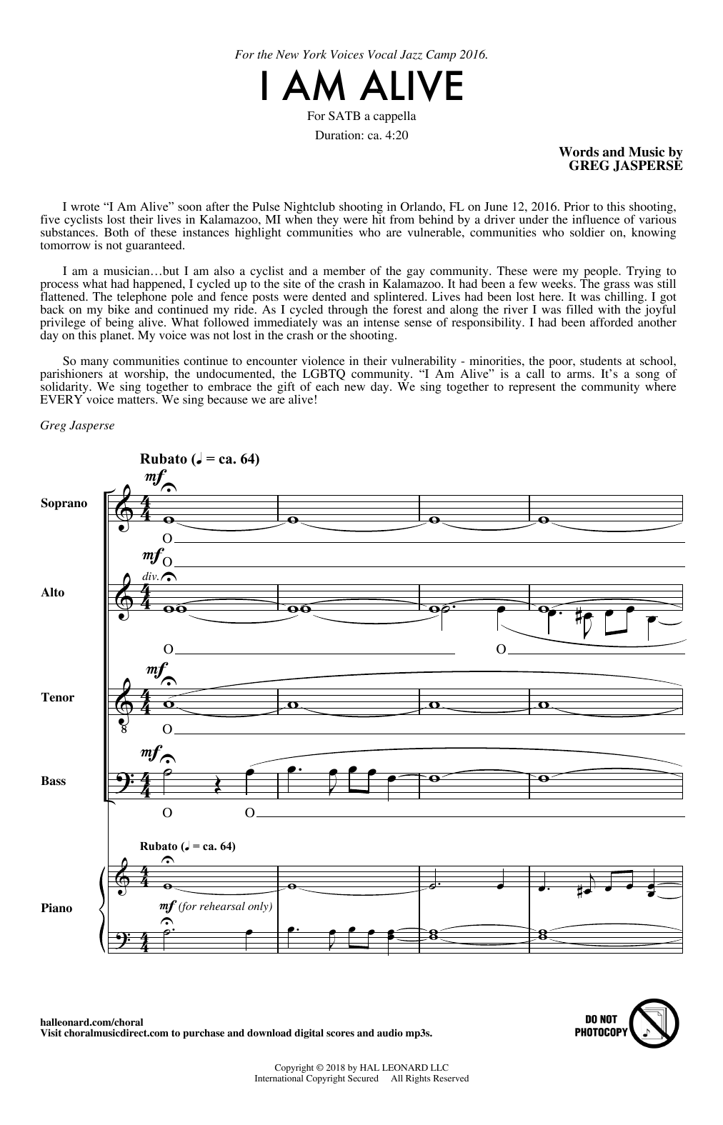 Greg Jasperse I Am Alive Sheet Music Notes & Chords for SATB - Download or Print PDF