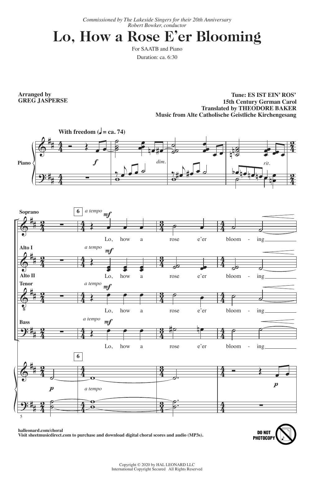 Greg Jasperse Lo, How A Rose E'er Blooming Sheet Music Notes & Chords for Choir - Download or Print PDF