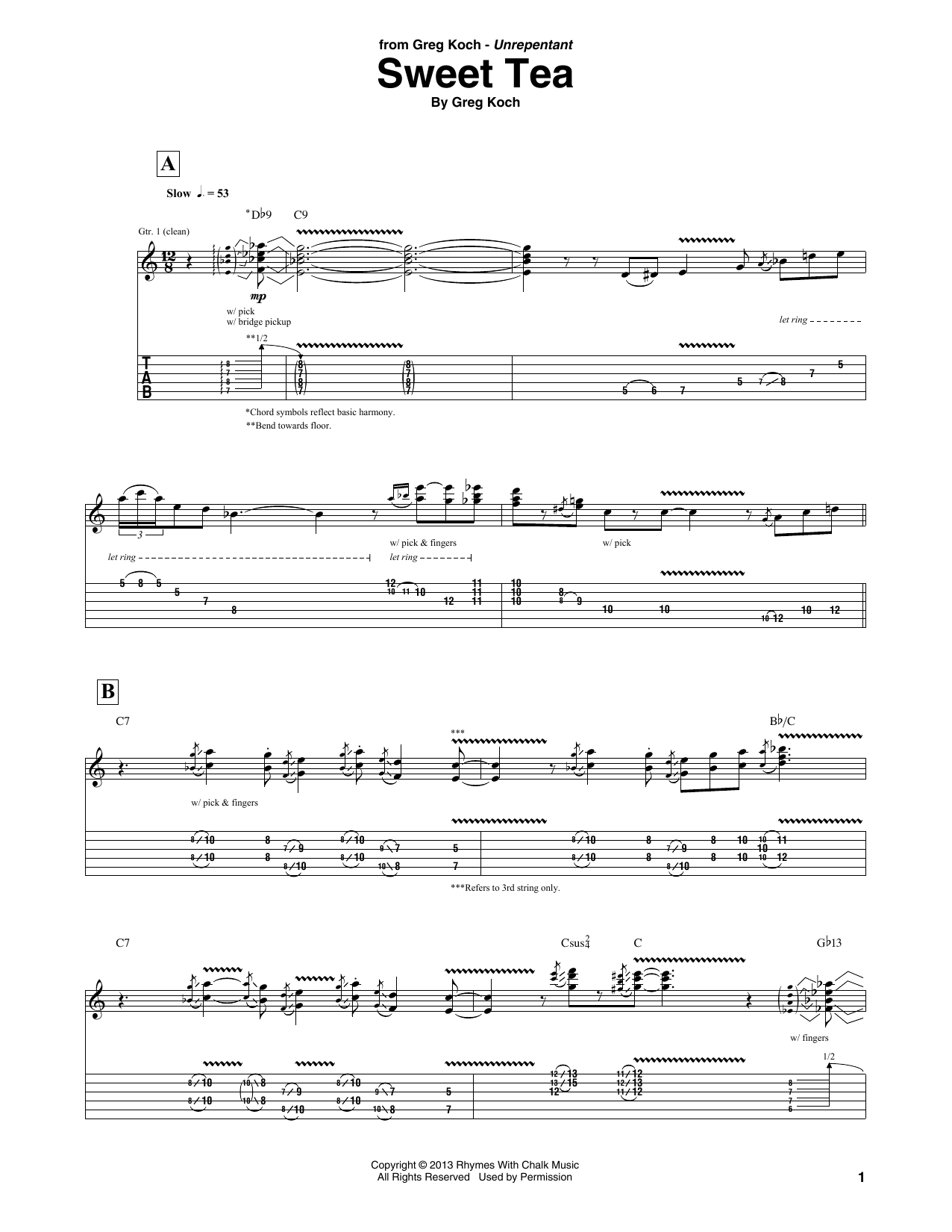 Greg Koch Sweet Tea Sheet Music Notes & Chords for Guitar Tab - Download or Print PDF