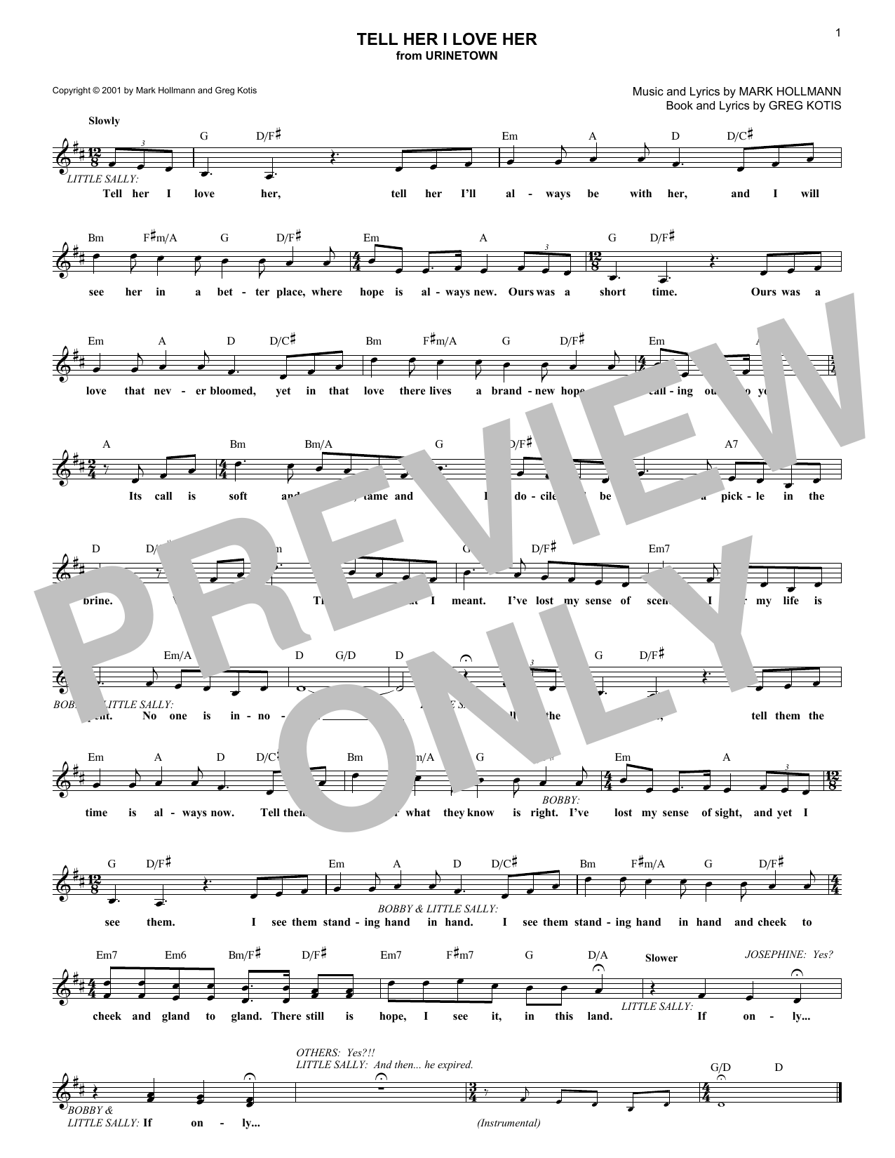 Greg Kotis Tell Her I Love Her Sheet Music Notes & Chords for Melody Line, Lyrics & Chords - Download or Print PDF