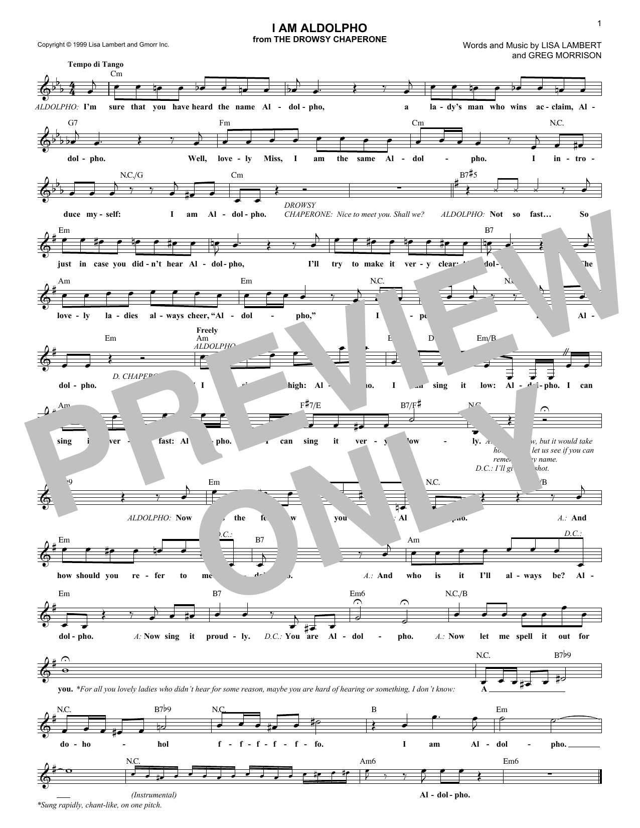 Greg Morrison I Am Aldolpho Sheet Music Notes & Chords for Melody Line, Lyrics & Chords - Download or Print PDF