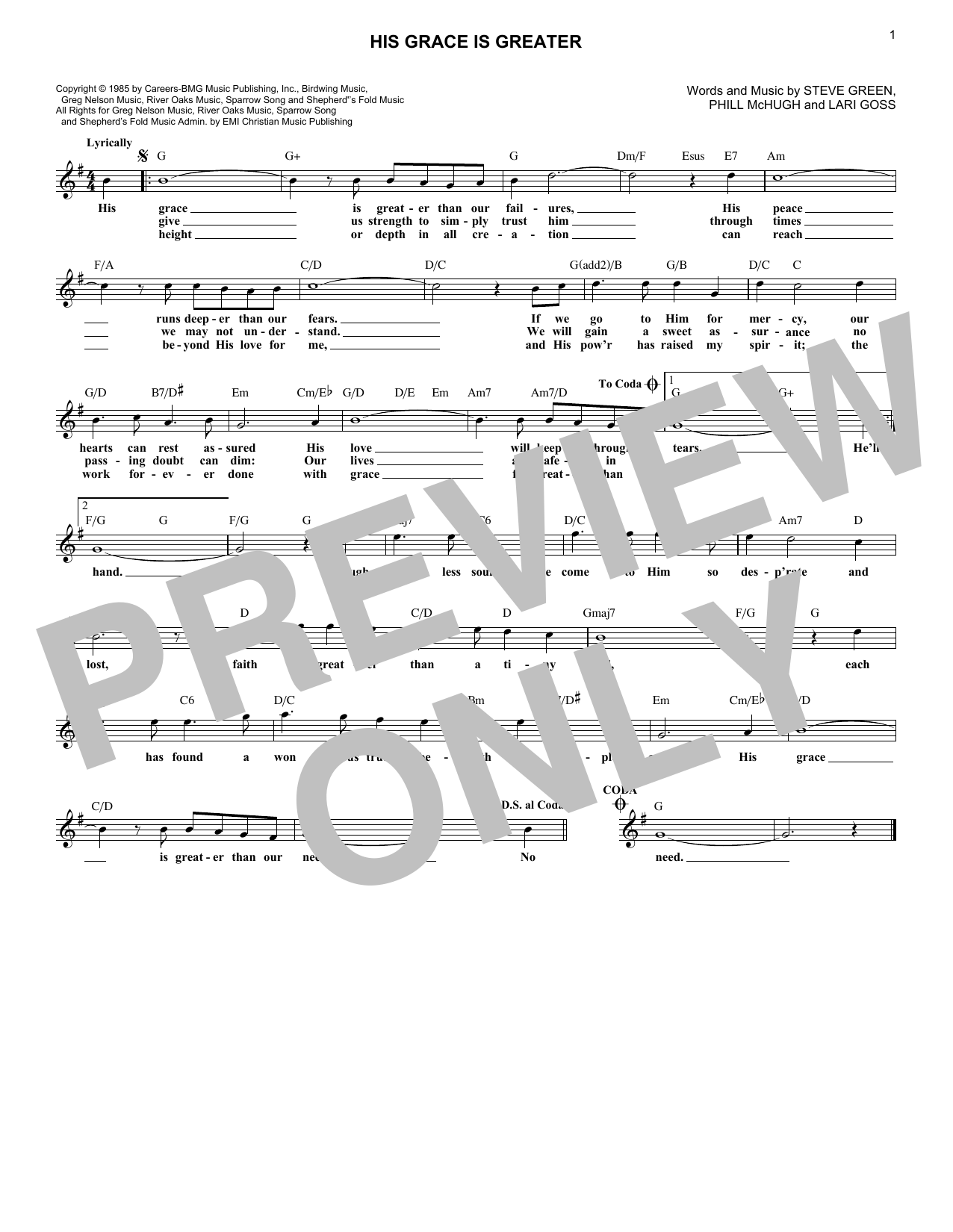Greg Nelson His Grace Is Greater Sheet Music Notes & Chords for Lead Sheet / Fake Book - Download or Print PDF