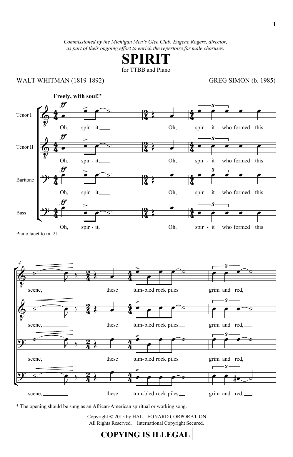 Greg Simon Spirit Sheet Music Notes & Chords for TTBB - Download or Print PDF