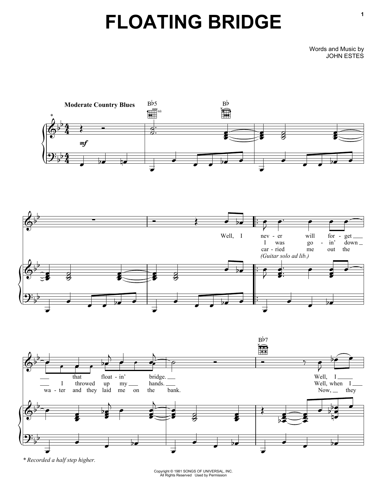 Gregg Allman Floating Bridge Sheet Music Notes & Chords for Piano, Vocal & Guitar (Right-Hand Melody) - Download or Print PDF