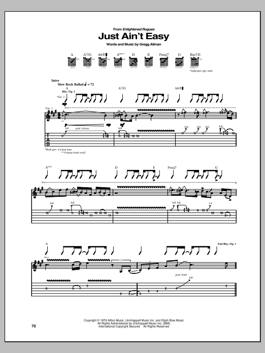 Gregg Allman Just Ain't Easy Sheet Music Notes & Chords for Guitar Tab - Download or Print PDF