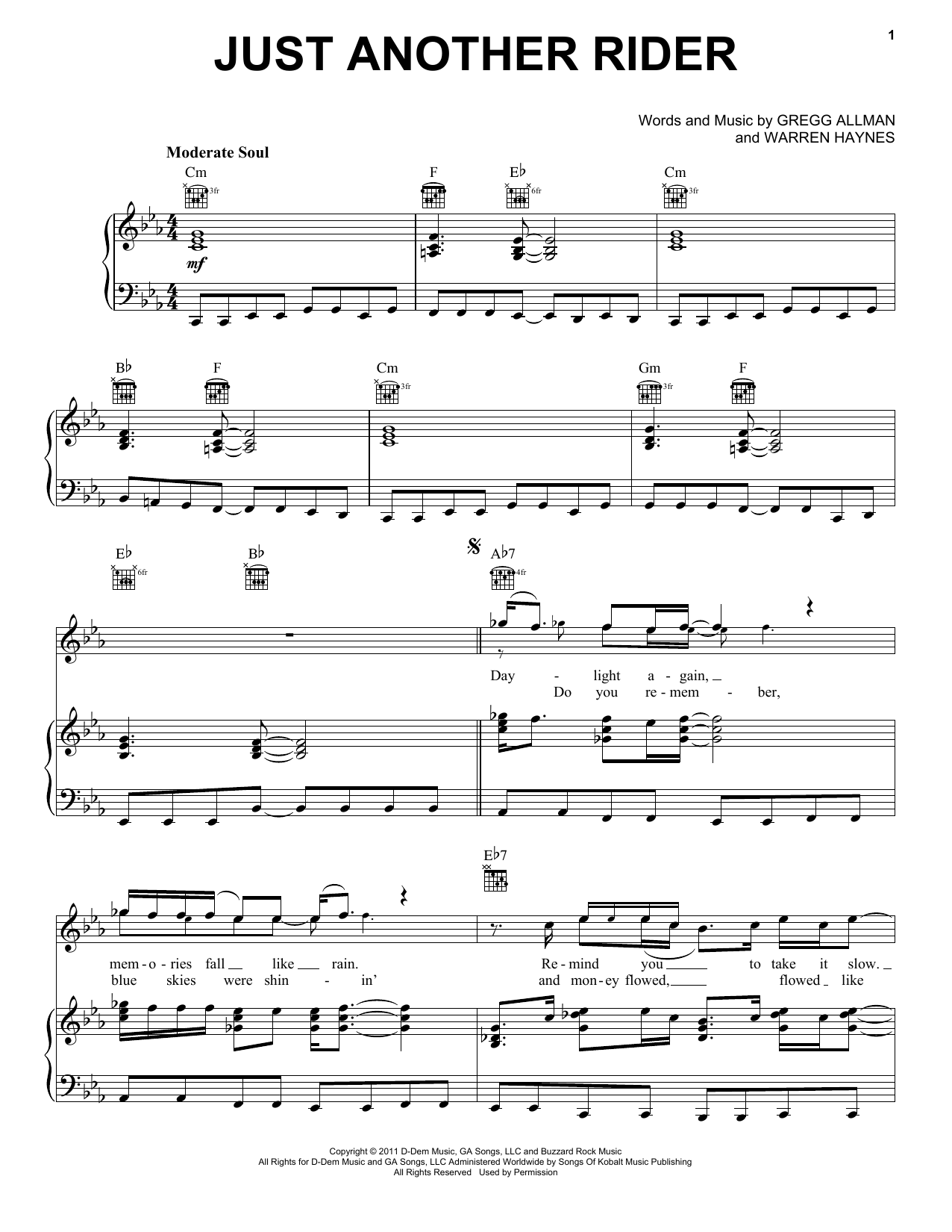 Gregg Allman Just Another Rider Sheet Music Notes & Chords for Piano, Vocal & Guitar (Right-Hand Melody) - Download or Print PDF