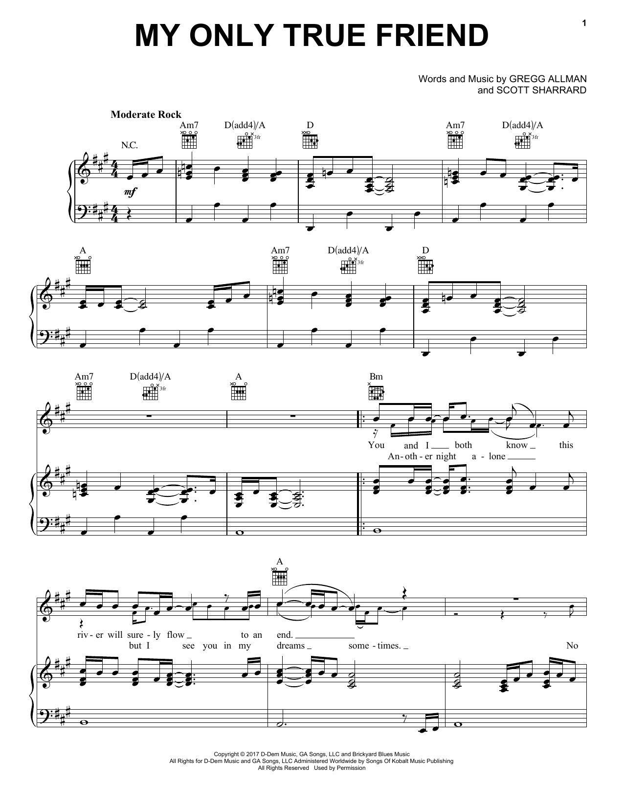 Gregg Allman My Only True Friend Sheet Music Notes & Chords for Piano, Vocal & Guitar (Right-Hand Melody) - Download or Print PDF