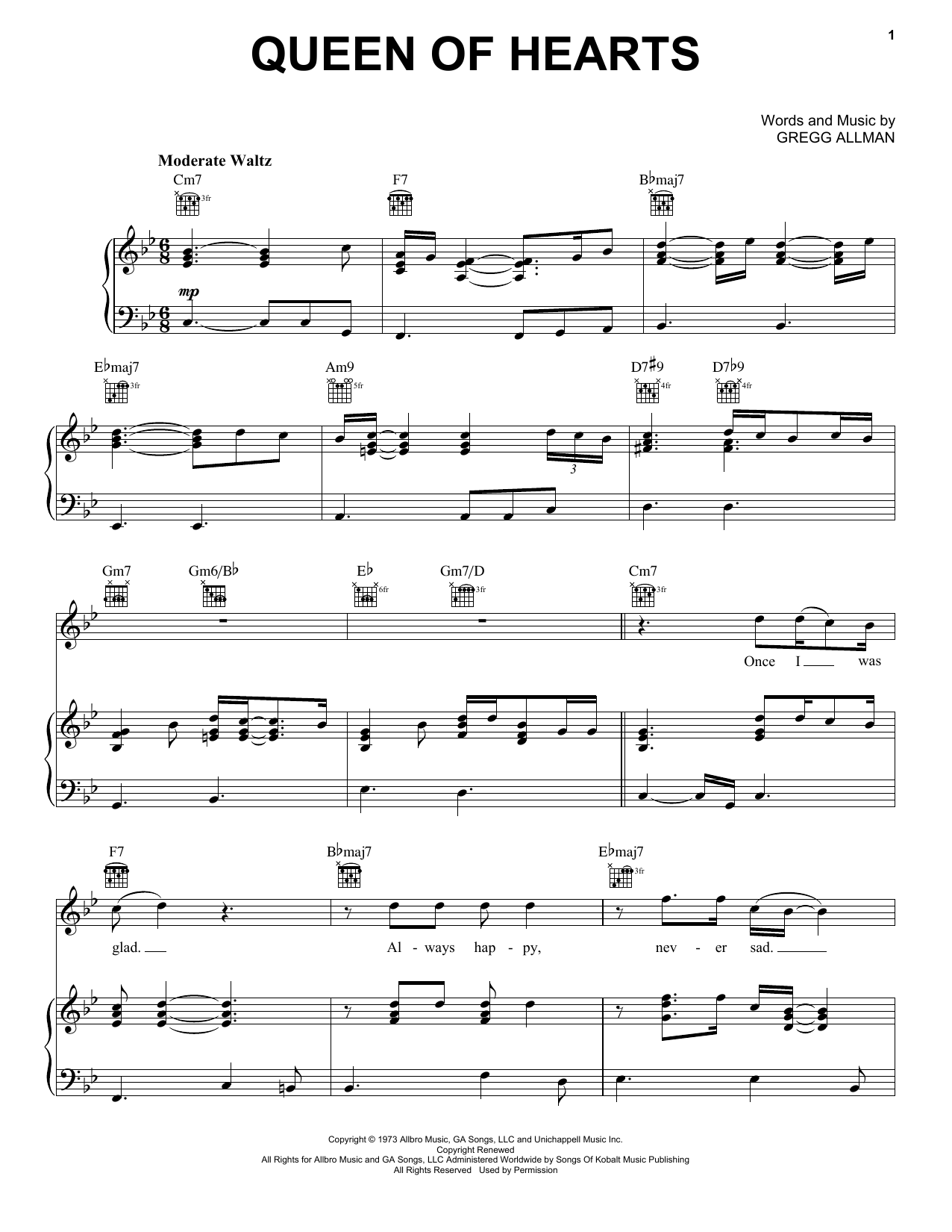 Gregg Allman Queen Of Hearts Sheet Music Notes & Chords for Piano, Vocal & Guitar (Right-Hand Melody) - Download or Print PDF