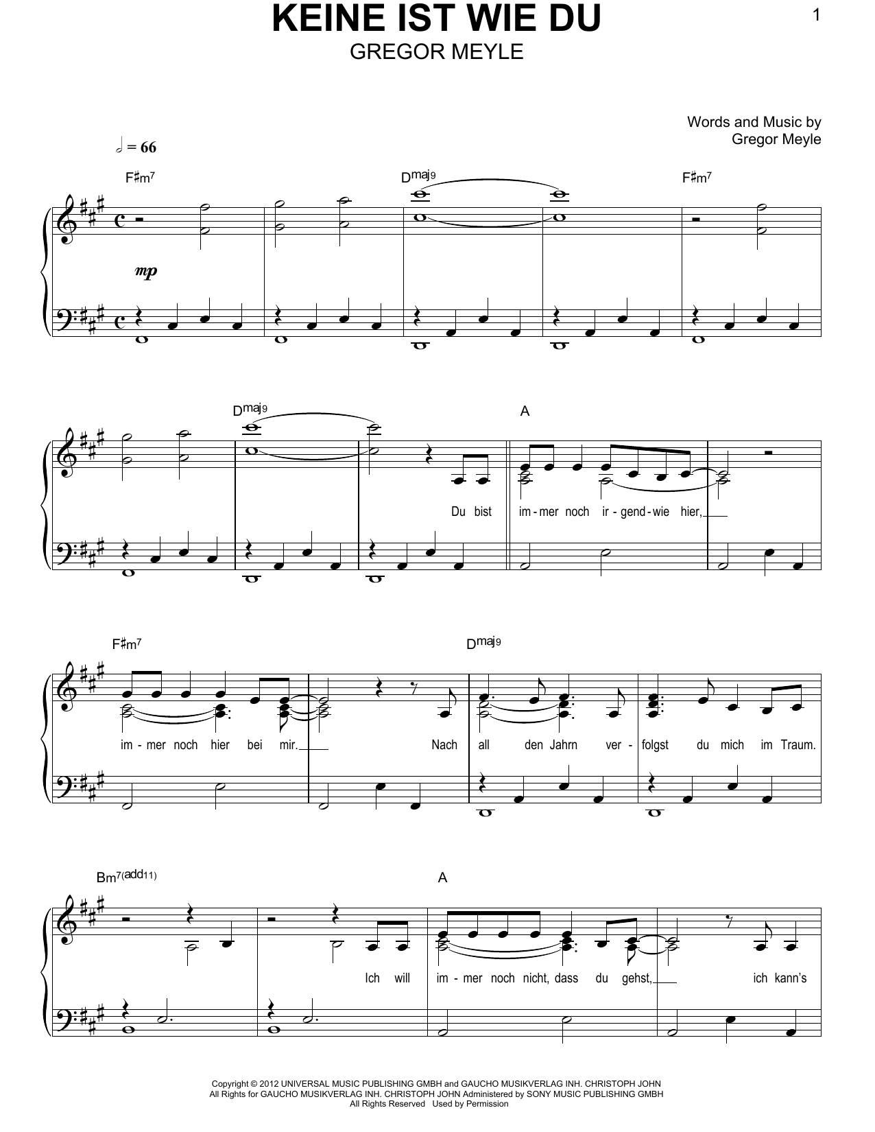 Gregor Meyle Keine Ist Wie Du Sheet Music Notes & Chords for Easy Piano - Download or Print PDF