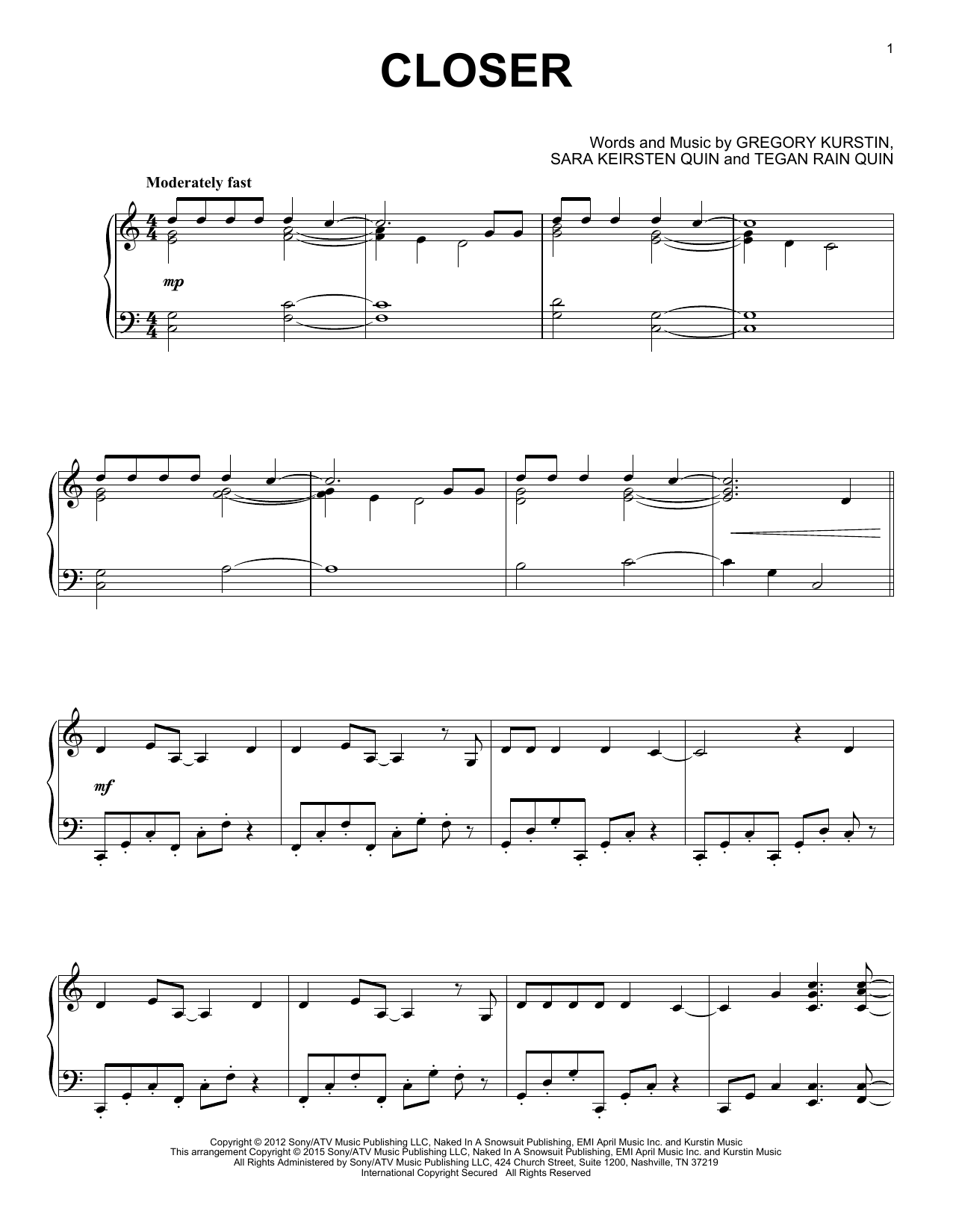 Gregory Kurstin Closer Sheet Music Notes & Chords for Piano - Download or Print PDF