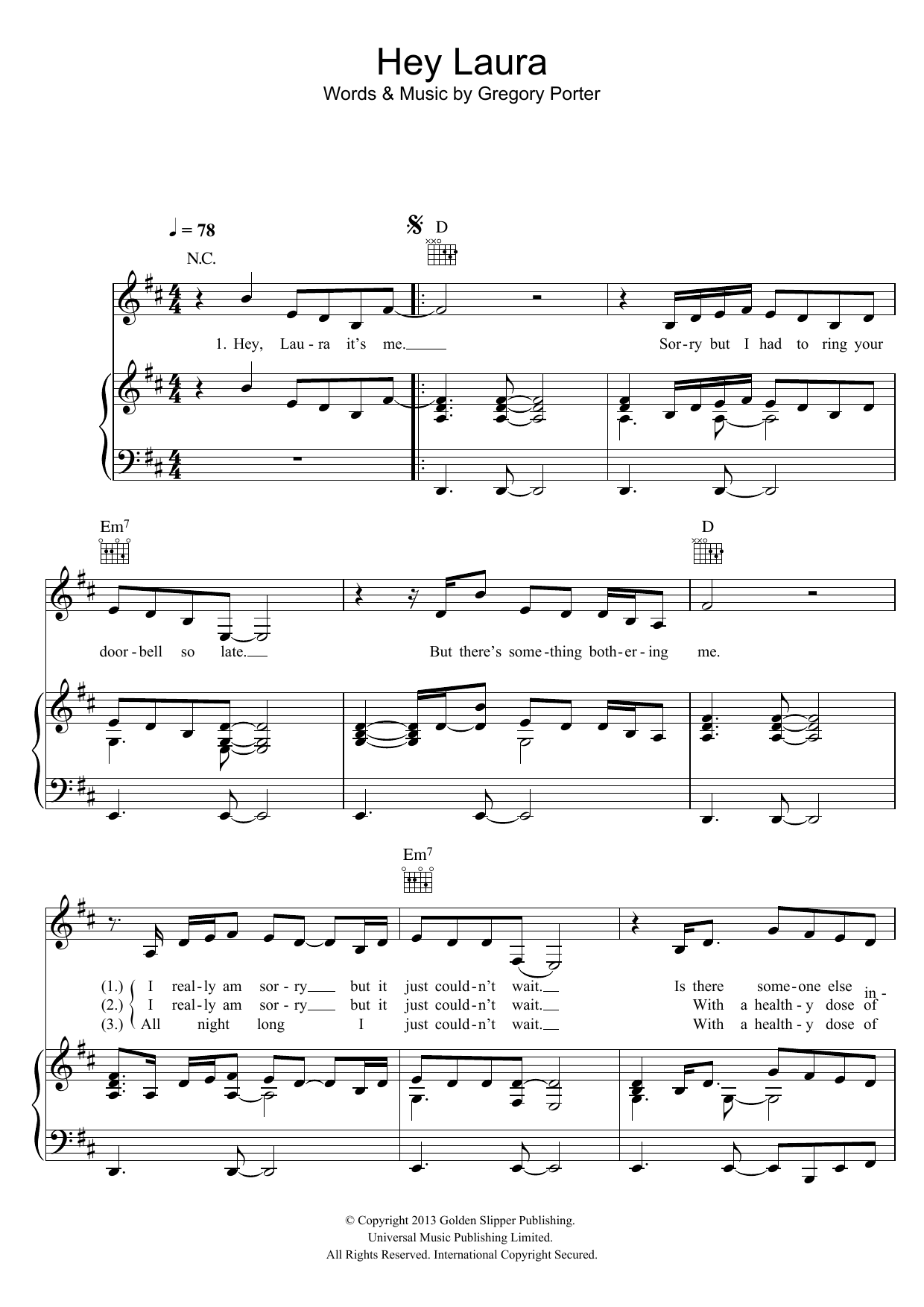 Gregory Porter Hey Laura Sheet Music Notes & Chords for Piano, Vocal & Guitar (Right-Hand Melody) - Download or Print PDF