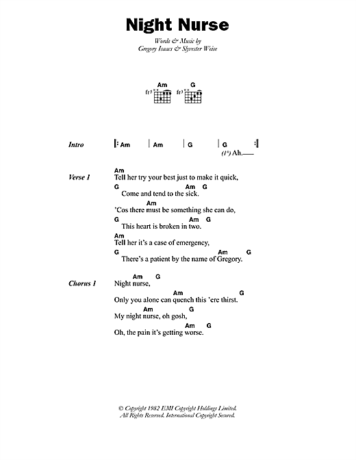 Gregory Isaacs Night Nurse Sheet Music Notes & Chords for Lyrics & Chords - Download or Print PDF
