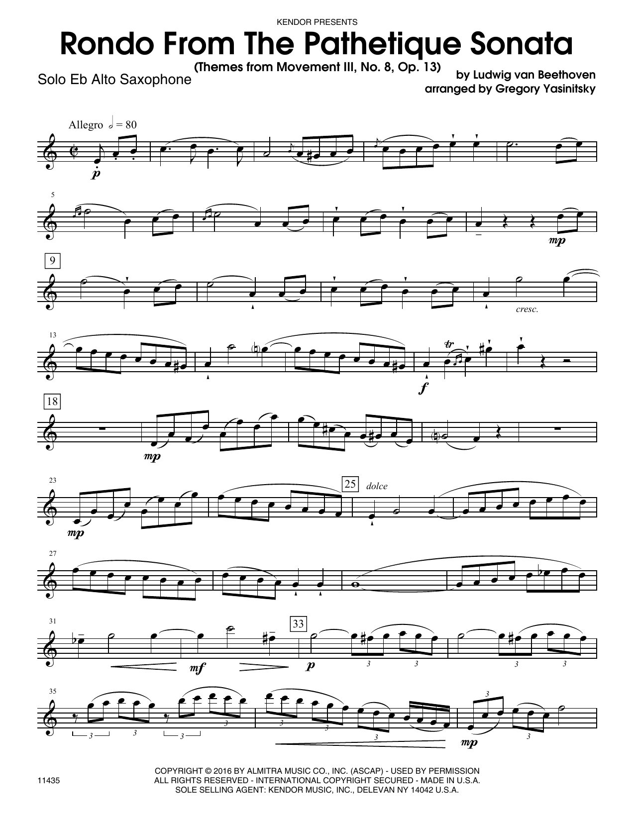 Preview Gregory Yasinitsky Rondo From The Pathetique Sonata (Themes From Movement III, No. 8, Op. 13) - Alto Sax Classical sheet music, notes and chords for Woodwind Solo, SKU: 360889 Rondo From The Pathetique Sonata (Themes From Movement III, No. 8, Op. 13) - Alto Sax sheet music