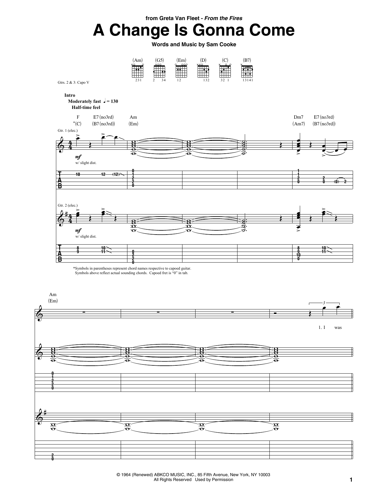 Greta Van Fleet A Change Is Gonna Come Sheet Music Notes & Chords for Guitar Tab - Download or Print PDF