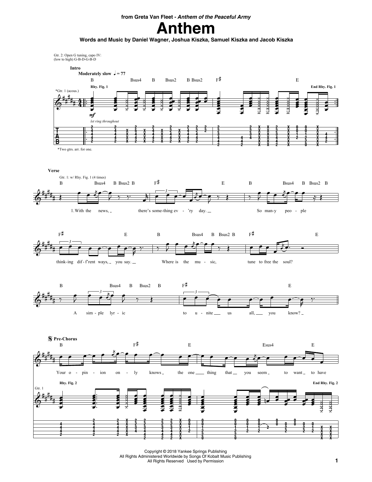 Greta Van Fleet Anthem Sheet Music Notes & Chords for Guitar Tab - Download or Print PDF
