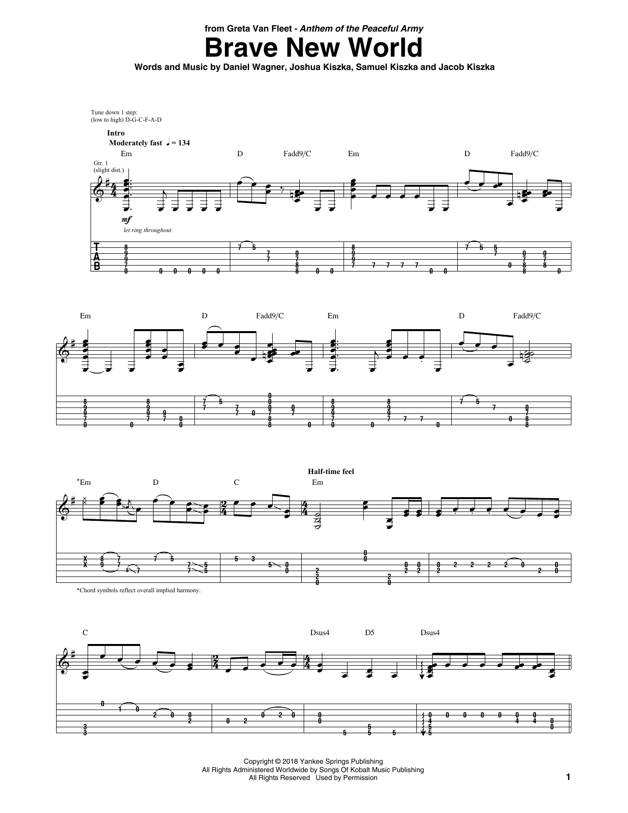 Greta Van Fleet Brave New World Sheet Music Notes & Chords for Guitar Tab - Download or Print PDF